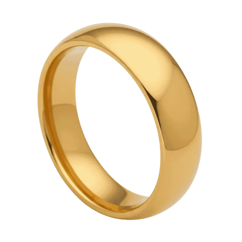 Gold tungsten ring for men, polished dome wedding band or engagement eternity ring for gents with custom engraving.