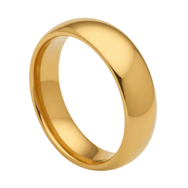 Gold tungsten ring for men, polished dome wedding band or engagement eternity ring for gents with custom engraving.
