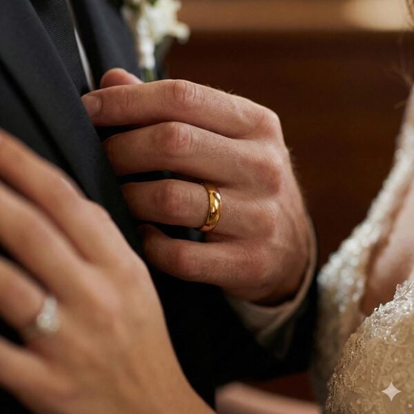 The wedding couple have just exchanged rings and the image is a close up shot of their hands. The bride is wearing a silver ring while the man has a traditional style gold wedding ring that is made with tungsten.