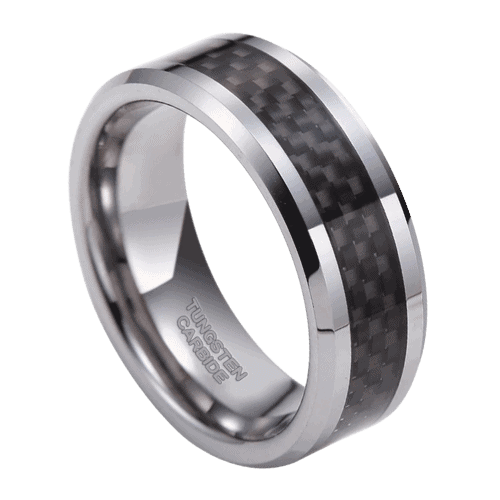 mens silver ring wedding anniversary engagement band with black carbon fibre 8mm in all sizes