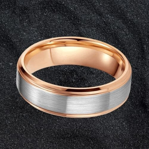 Brushed Silver and Polished Rose Gold Tungsten Ring for Men traditional modern style design