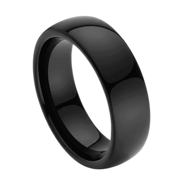 Close-up of a polished black tungsten ring for men. Slightly domed providing a classic shape for a wedding band.