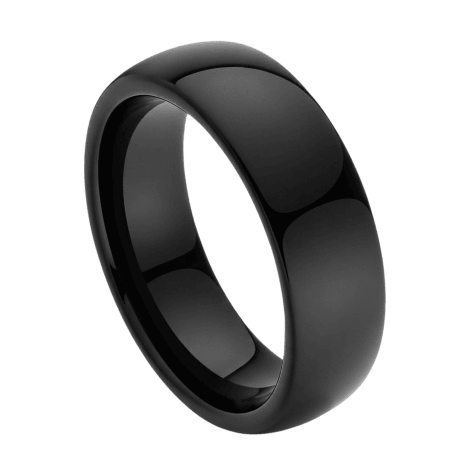 Close-up of a polished black tungsten ring for men. Slightly domed providing a classic shape for a wedding band.