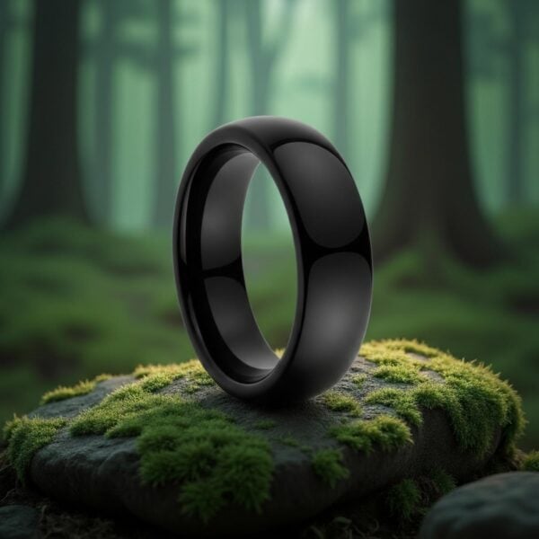 In a mystical forest setting, a black shiny tungsten ring rests on a mossy rock.