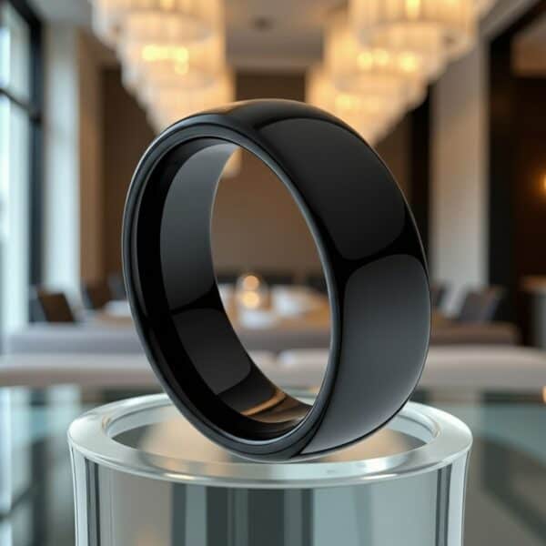 Set on top of a glass pedestal is this black tungsten ring. With a shiny finish.