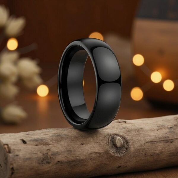 With romantic fairy lights twinkling, a ring rests on top of a wooden log. The ring is a highly polished black tungsten ring.