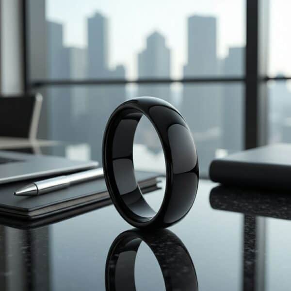 Sitting on top of a desk and with an elegant office in the background, this is a black shiny tungsten ring with a slightly domed shape.