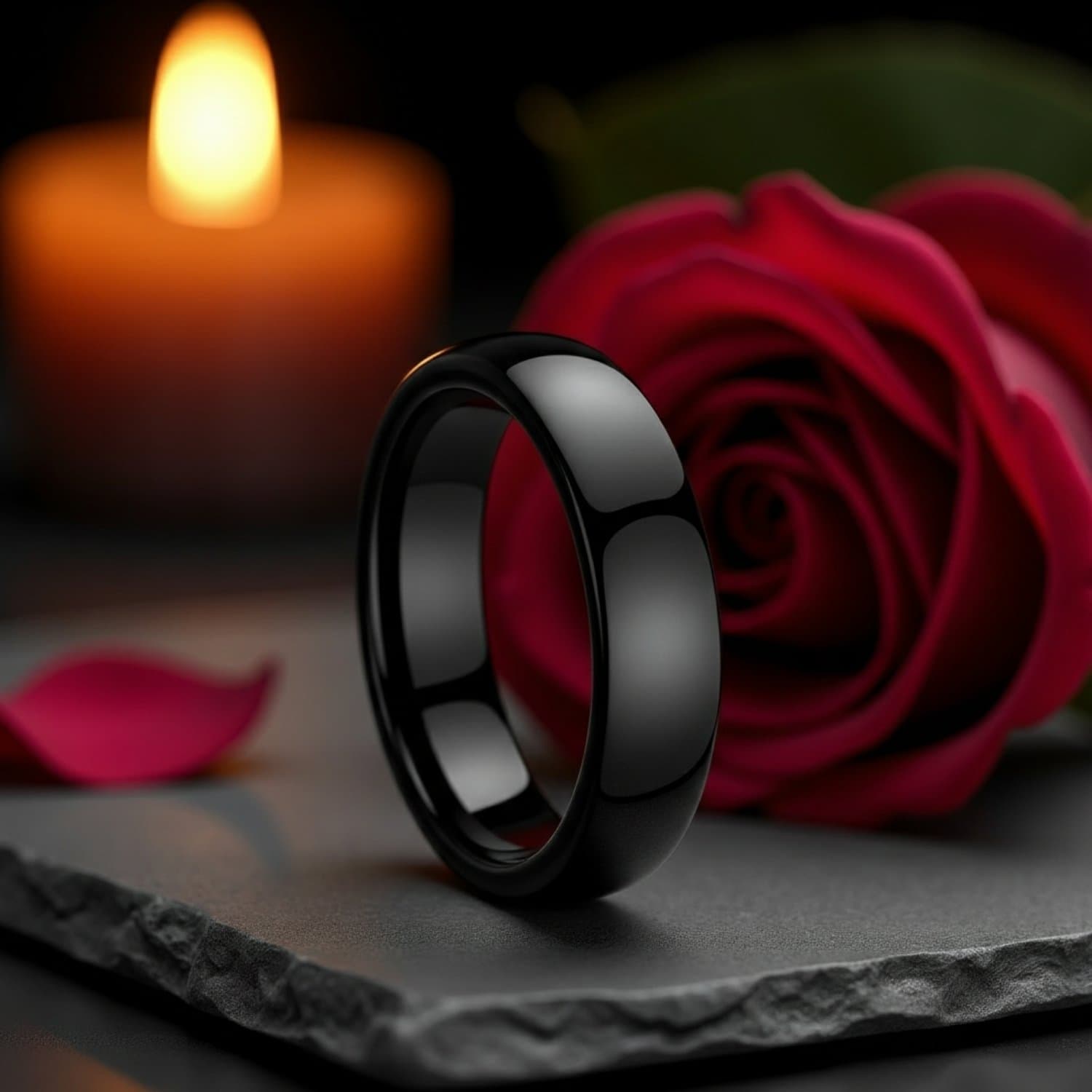 With a candle glowing and a red rose in the background, a ring sits on top of a piece of slate. This is a black shiny tungsten ring.