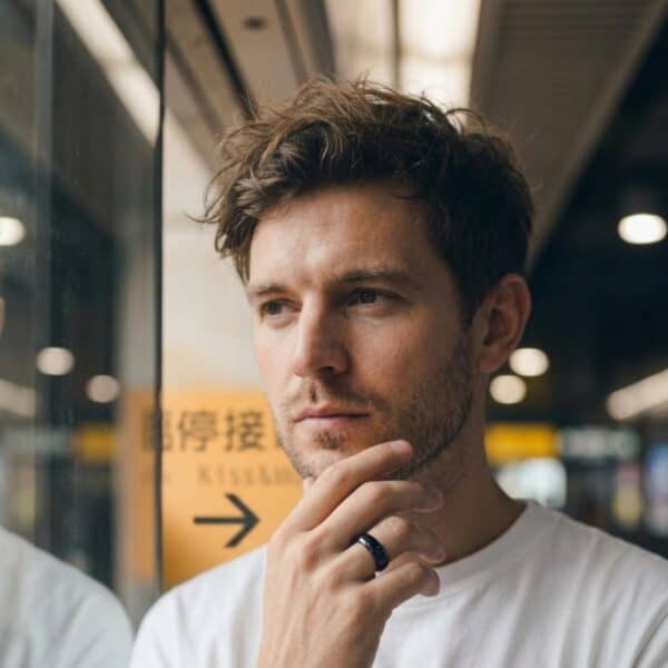 Standing at an international airport awaiting their departure, a man stands looking thoughtful. He has his hand held up to his chin. On his wedding ring finger, he wears a polished black tungsten ring, slightly domed in shape.
