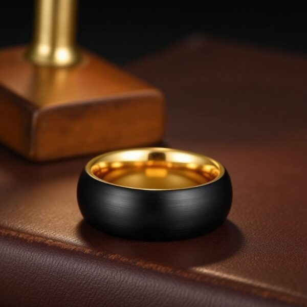 A black and gold ring rests on top of a wooden desk, under the light of a reading lamp. The ring is a brushed black tungsten ring that has a gold inside. The ring is slightly domed in shape.