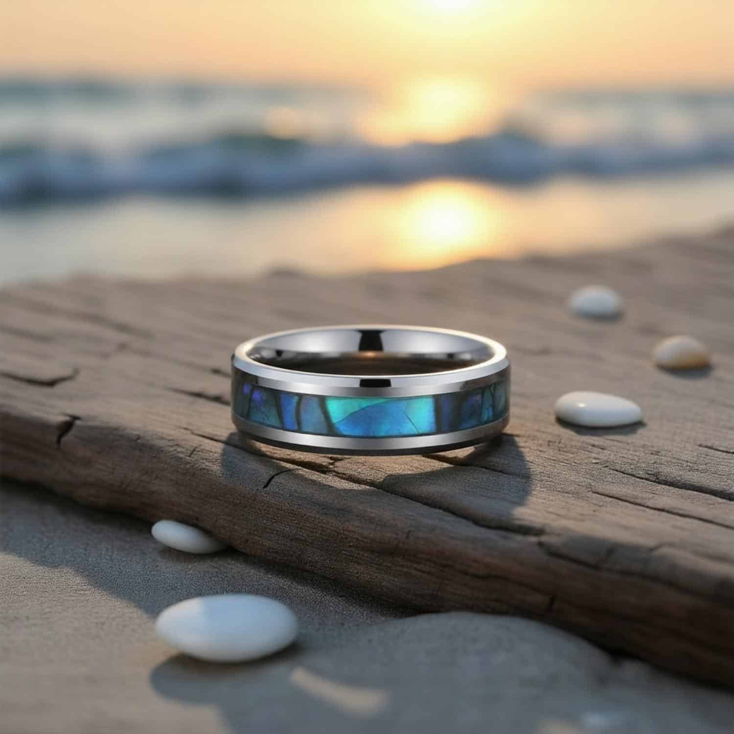 An idyllic beach scene at sunset. A ring lays flat on a piece of drift wood. The ring is a silver tungsten ring with bevelled edges. It has an inlay of abalone shell inlay.