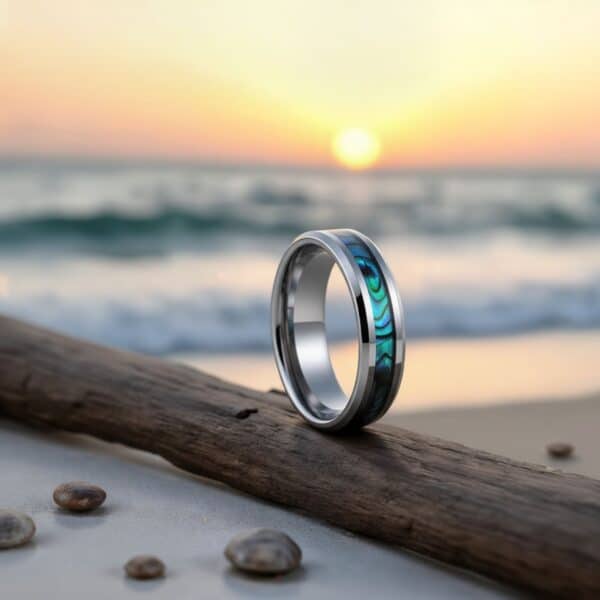 The sun is setting over the rolling waves. Driftwood has been washed up onto the shore. On the driftwood, the ring stands upright. It is a silver tungsten ring with an inlay of shimmering abalone shell.