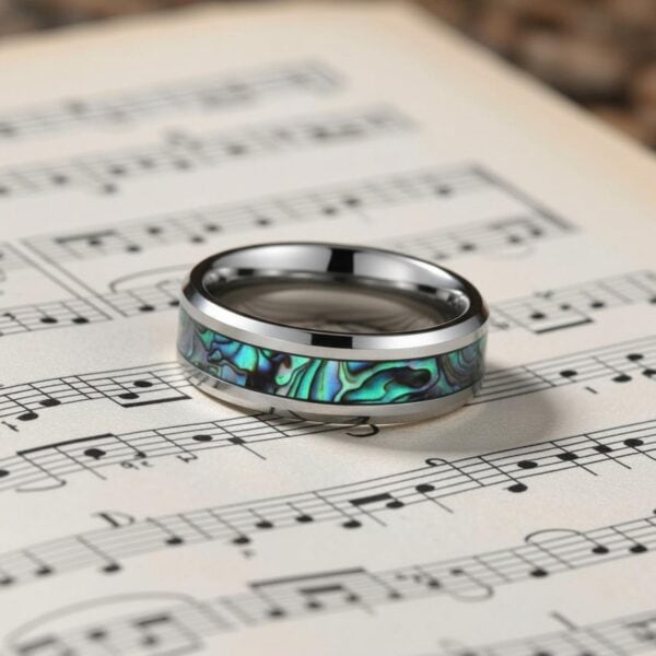 Set on a piece of sheet music filled with music notes, a ring lays flat in the centre of the image. It is a silver tungsten ring that has bevelled edges and an inlay of abalone shell.