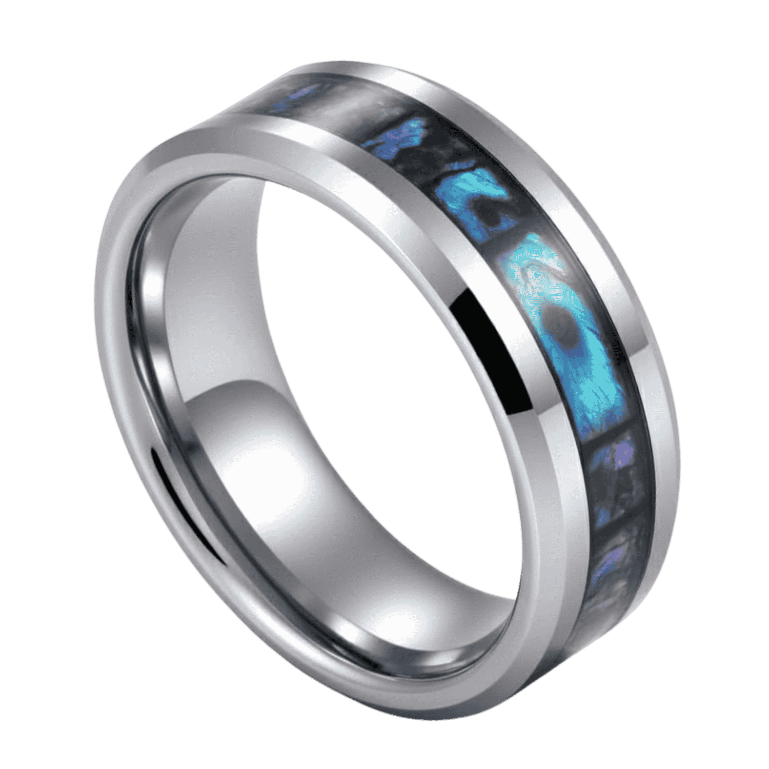 A zoomed in image of a mens tungsten ring. It is a silver tungsten ring that has elegant bevelled edges. The ring features a distinctive inlay of abalone shell.