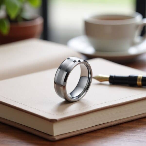 A book lays open, with a pen resting on top. A cup of coffee can be seen on the background. On top of the open book is a silver tungsten ring which stands upright. It has a brushed centre section and polished bevelled edges.