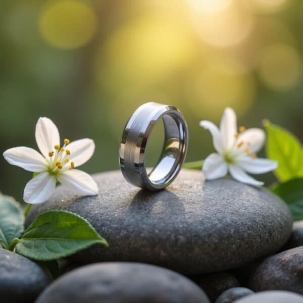 On top of a pebble, and alongside white flowers, sits a silver tungsten ring, standing upright. The silver tungsten ring has a brushed centre section and polished bevelled edges.