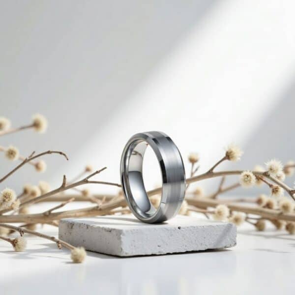 On top of a white stand, and in front of some white dried flowers, is a silver tungsten ring. The ring has a brushed section at the centre of the ring, with edges that are polished and bevelled.
