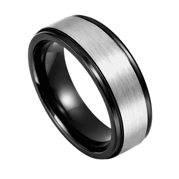 Showing a brushed silver tungsten ring that has stepped polished black edges.