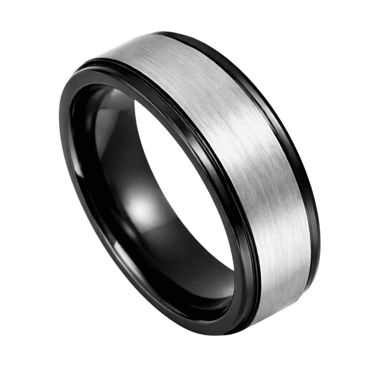 Showing a brushed silver tungsten ring that has stepped polished black edges.