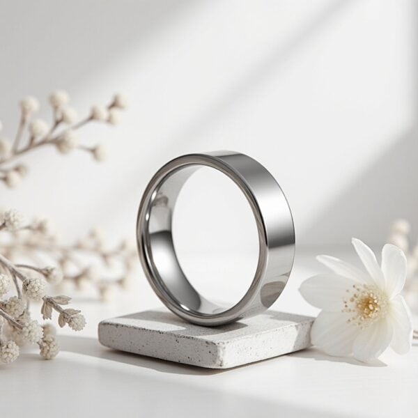 With a white minimalist background, a ring stands upright on a white stand. The ring is a silver flat tungsten ring that looks like a mens wedding band. In the background are a white surface, white walls, and white flowers.