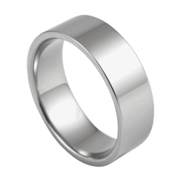 A close up image of a flat silver tungsten ring. With a polished finish, this ring would be ideal as a mans wedding ring.