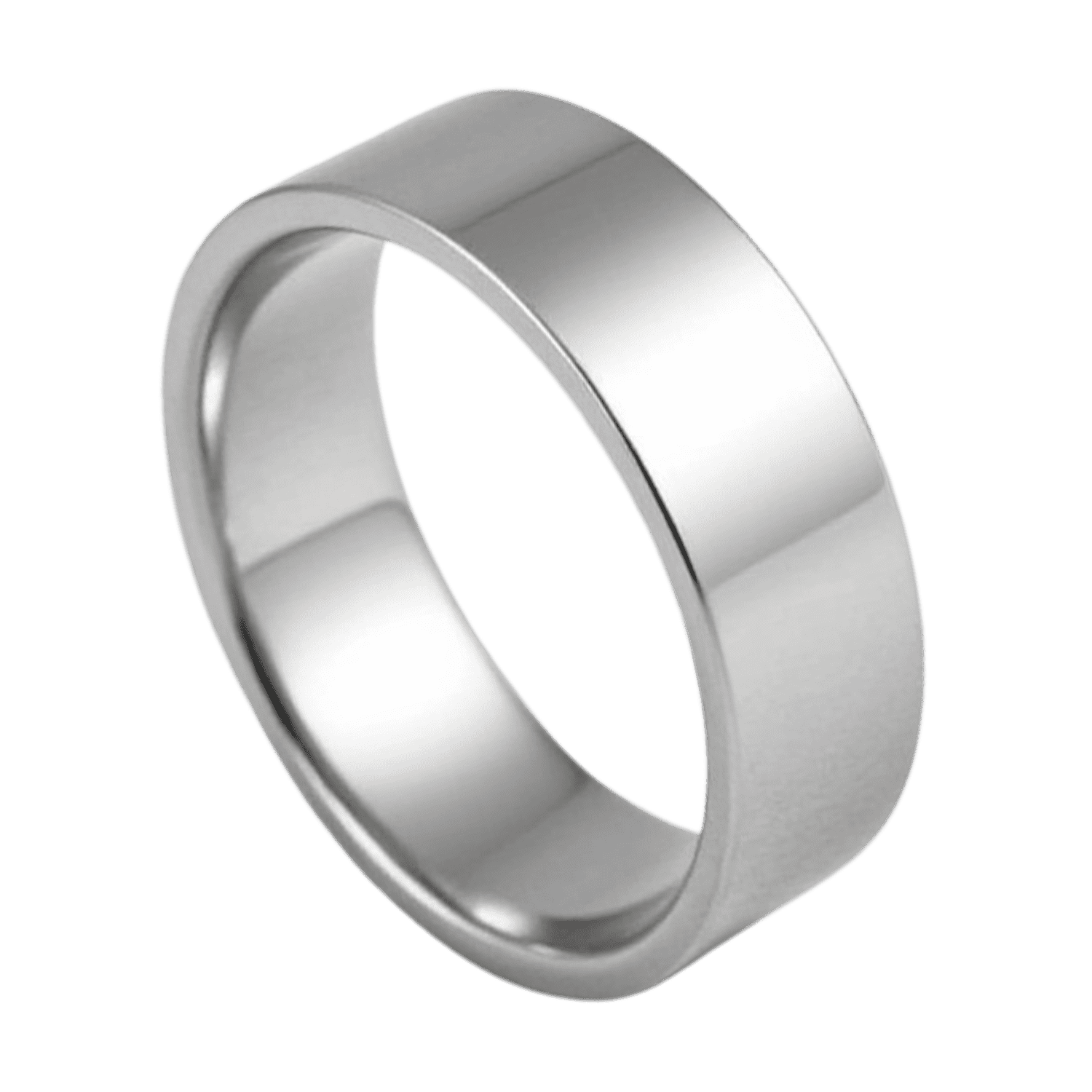 A close up image of a flat silver tungsten ring. With a polished finish, this ring would be ideal as a mans wedding ring.