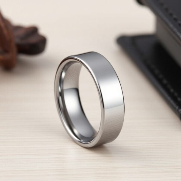 On a desk, a ring stands upright. It is a silver tungsten ring that is flat in style. Next to the ring, is the very edge of a leather bound black journal.