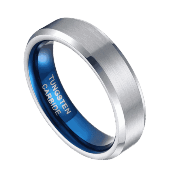 A macro shot of a silver tungsten ring. Featuring a brushed finish with contrasting bevelled edges. The inside of the ring is royal blue.