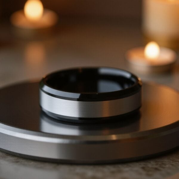 With tealight candles in the background, a silver and black ring rests on a circular stand. The ring is made with tungsten and has a silver middle section, and polished edges that are black.