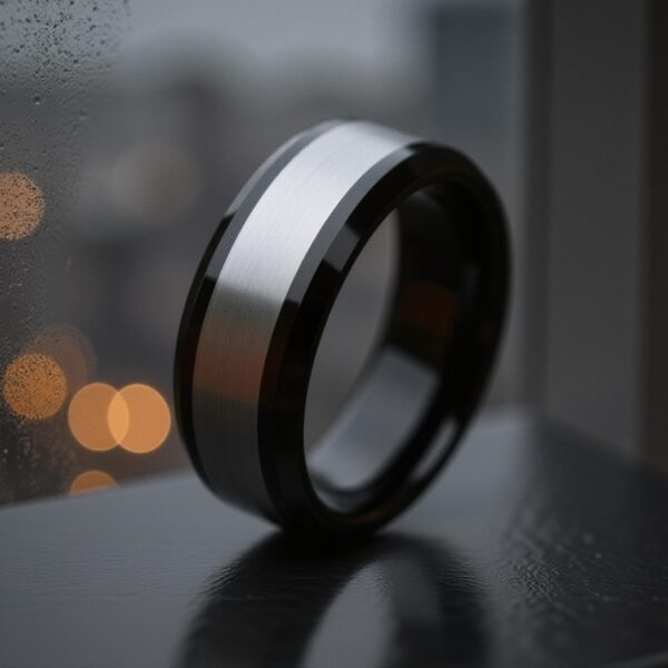 On a window ledge and with blurred city lights in the distance, a silver and black ring stands upright. The band is made with tungsten and has bevelled edges.