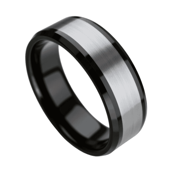 A detailed image of a tungsten ring in close up. The ring is silver and black. The centre section is brushed silver and the edges are polished black.