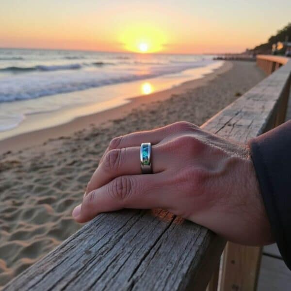 Man wearing tungsten ring with abalone inlay