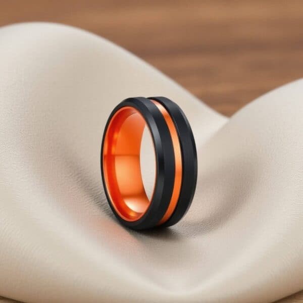 Mens black and orange tungsten ring perfect as male wedding band