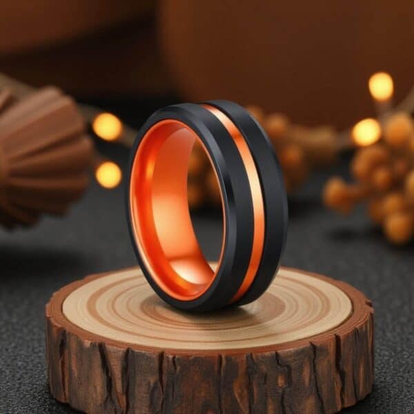 Black tungsten ring for him featuring vibrant orange