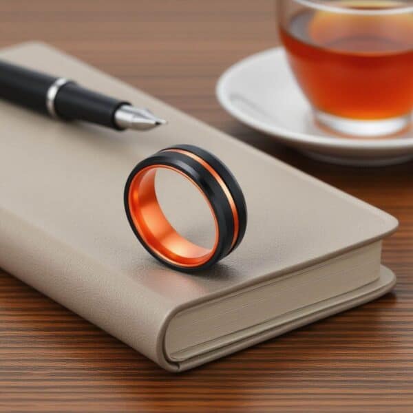 Mens eternity ring or promise band in black and orange tungsten