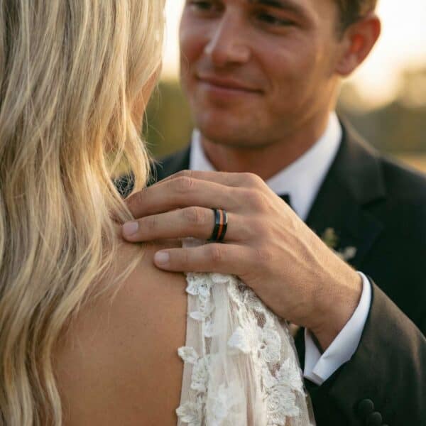 Orange ring for men – mans tungsten wedding and engagement band with personalised engraving.