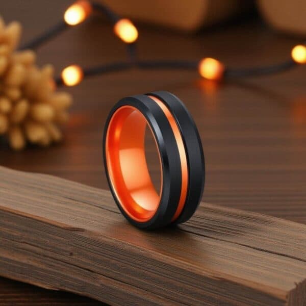 Orange and black tungsten ring for him - mens fashion ring