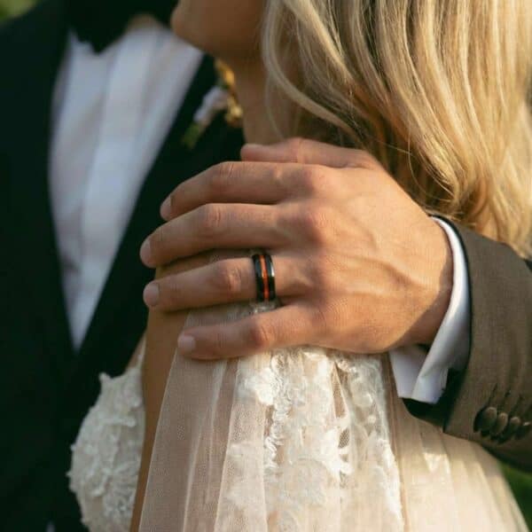 Tungsten ring for men in black and orange – mens wedding band and fashion statement ring.