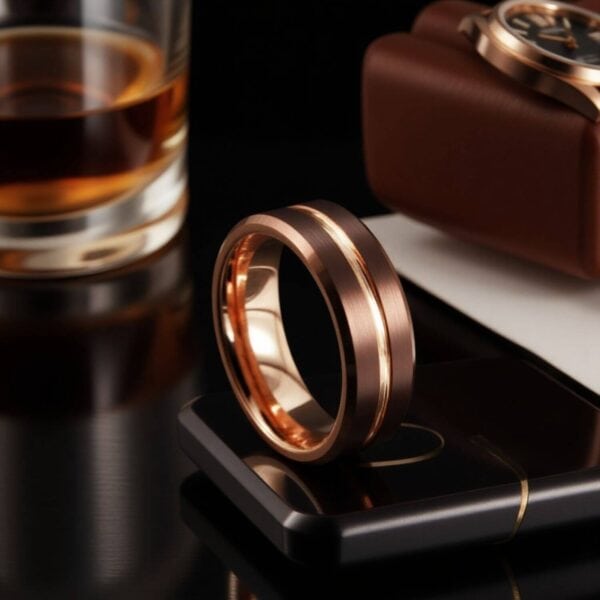 Male fashion statement ring - brown and rose gold tungsten band