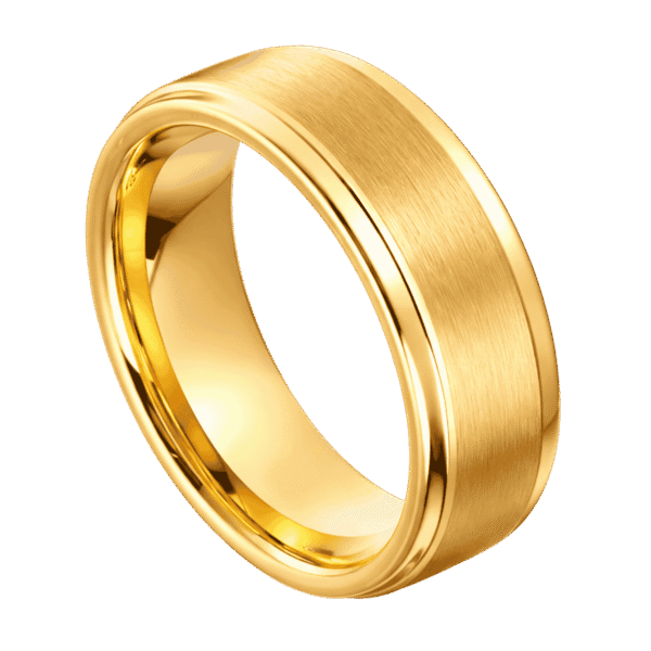 A gold tungsten ring. Featuring a raised brushed section and polished edges.