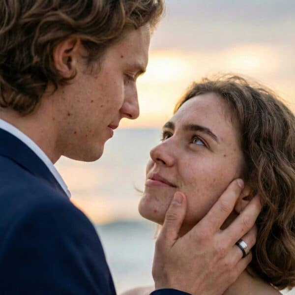 On the beach with the waves rolling in behind them, a couple look into each other's eyes. As they smile at one another, the man wears his new wedding ring - a tungsten band made up of silver, rose gold, and black.