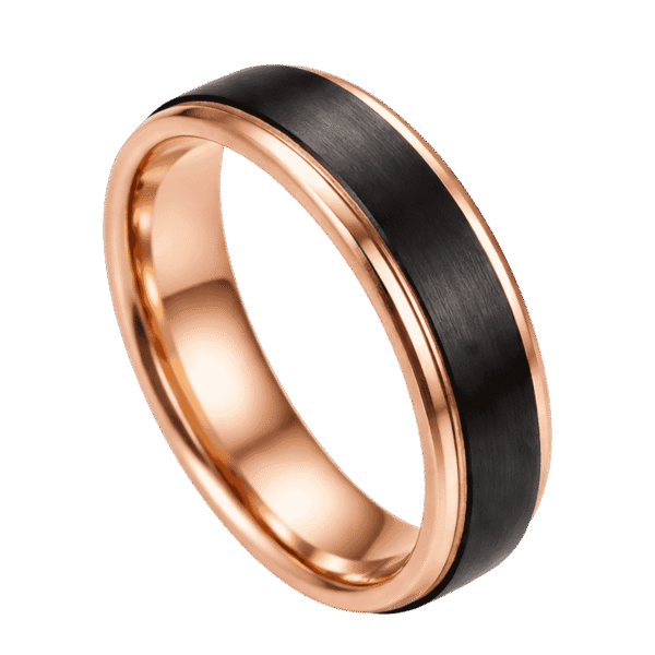 Black tungsten ring with a brushed finish. Rose gold interior and stepped edges.