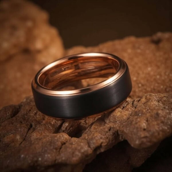 Tungsten ring for guys - brushed black ring with rose gold edges and inside
