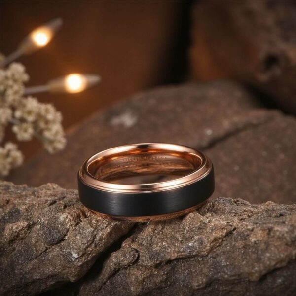Mens black and rose gold wedding band crafted from tungsten