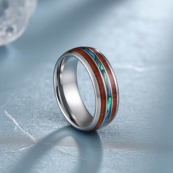 Mens Fashion Statement Ring - Silver Tungsten Band with Shell and Wood