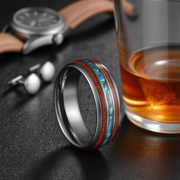 Fashion Statement Ring for Men - Silver Tungsten Ring with Wood and Abalone Shell