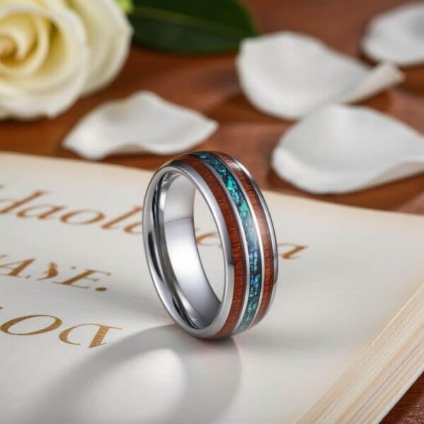 Mens Wood and Shell Wedding Band, Engagement Ring