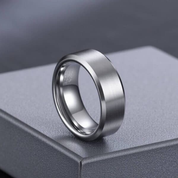 Polished and brushed silver tungsten ring for men, stylish wedding or eternity ring with custom engraving.