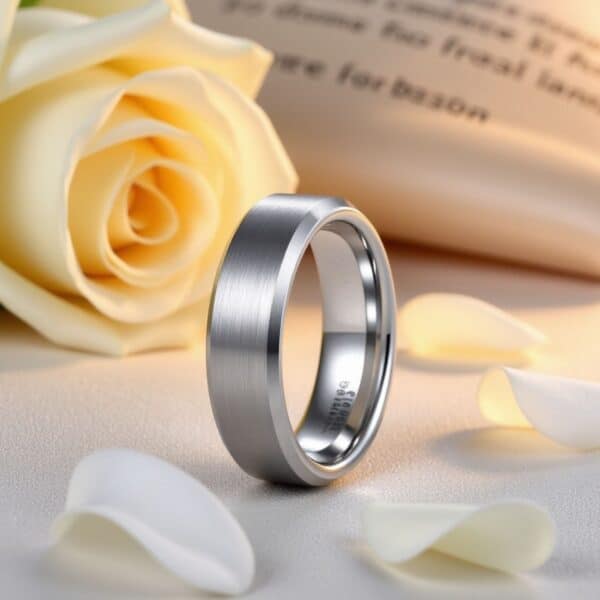 Silver tungsten men’s ring with polished edges, modern matte wedding band or fashion eternity ring with engraving.