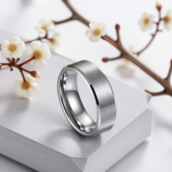 Silver tungsten ring for men, classic brushed wedding band or eternity ring with custom engraving for him.